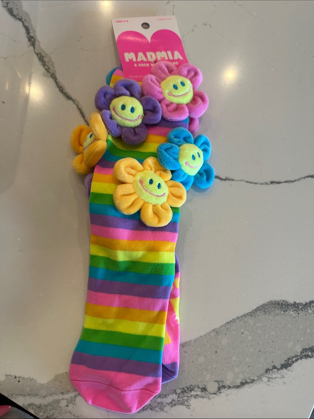 Mamia Bright Rainbow Stripe Kids Socks with Smiling Flower Appliqués